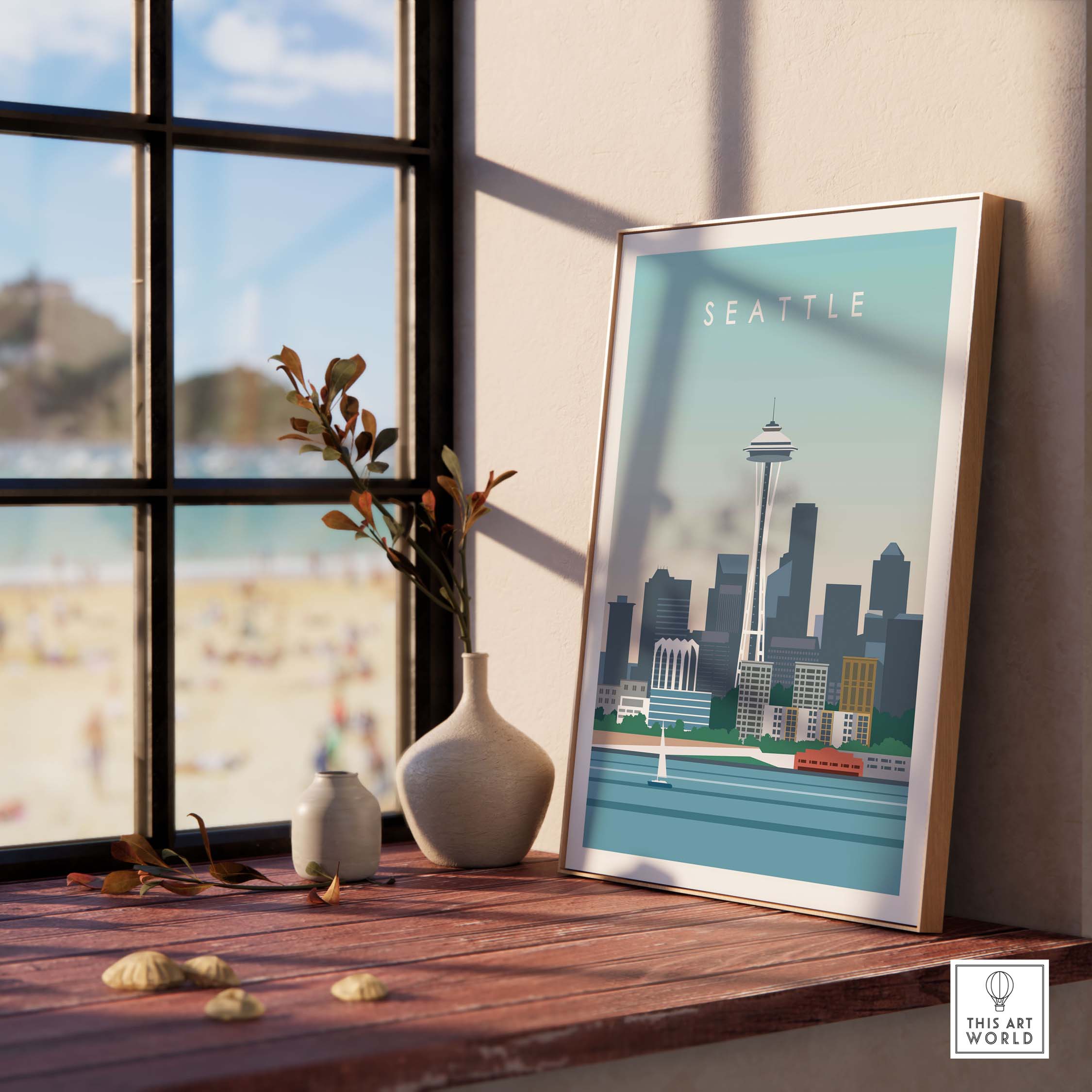 Seattle Print Wall Art Poster showcasing the Space Needle, designed with a vintage travel style.