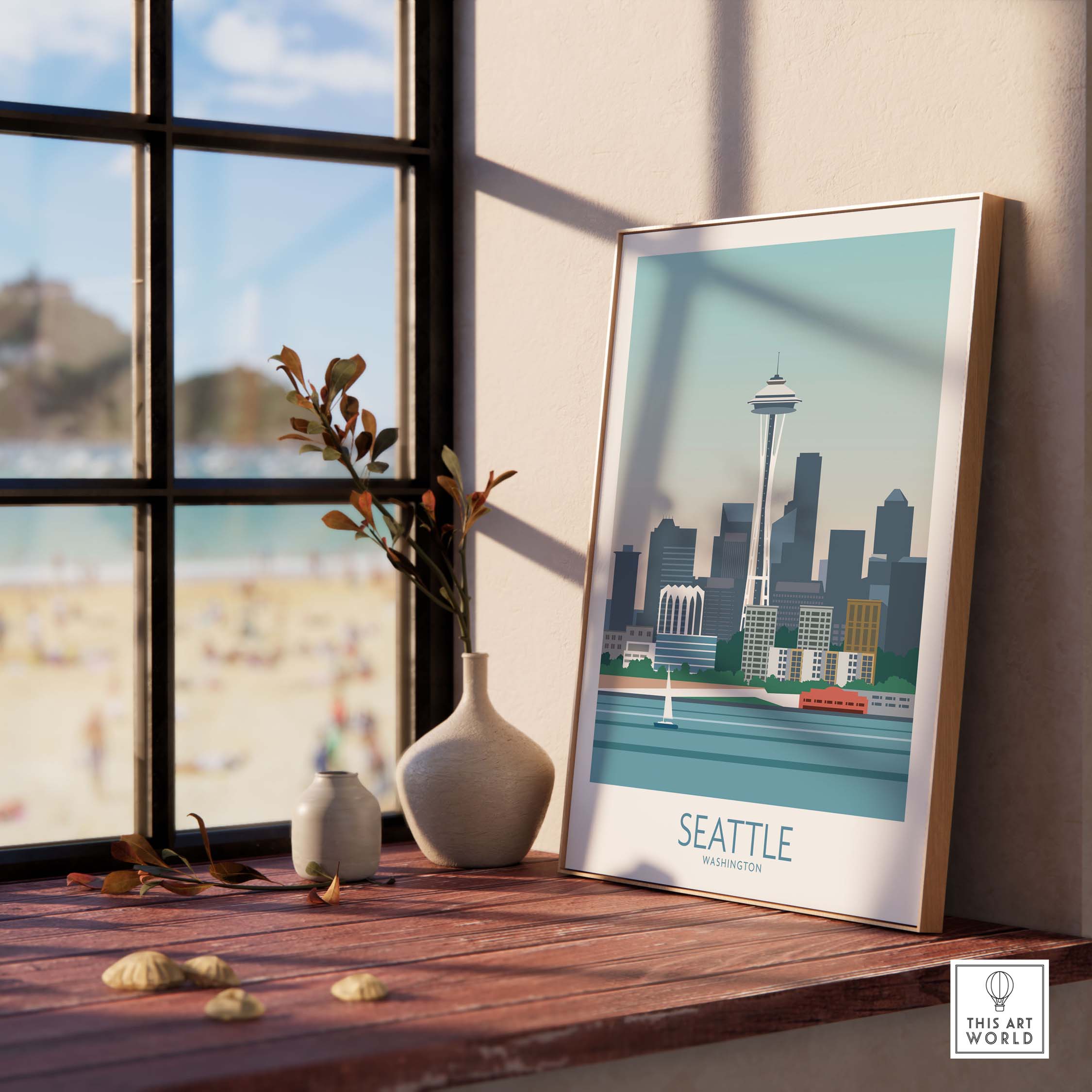 Seattle poster print showcasing iconic skyline, framed and placed on a windowsill with a beach view.