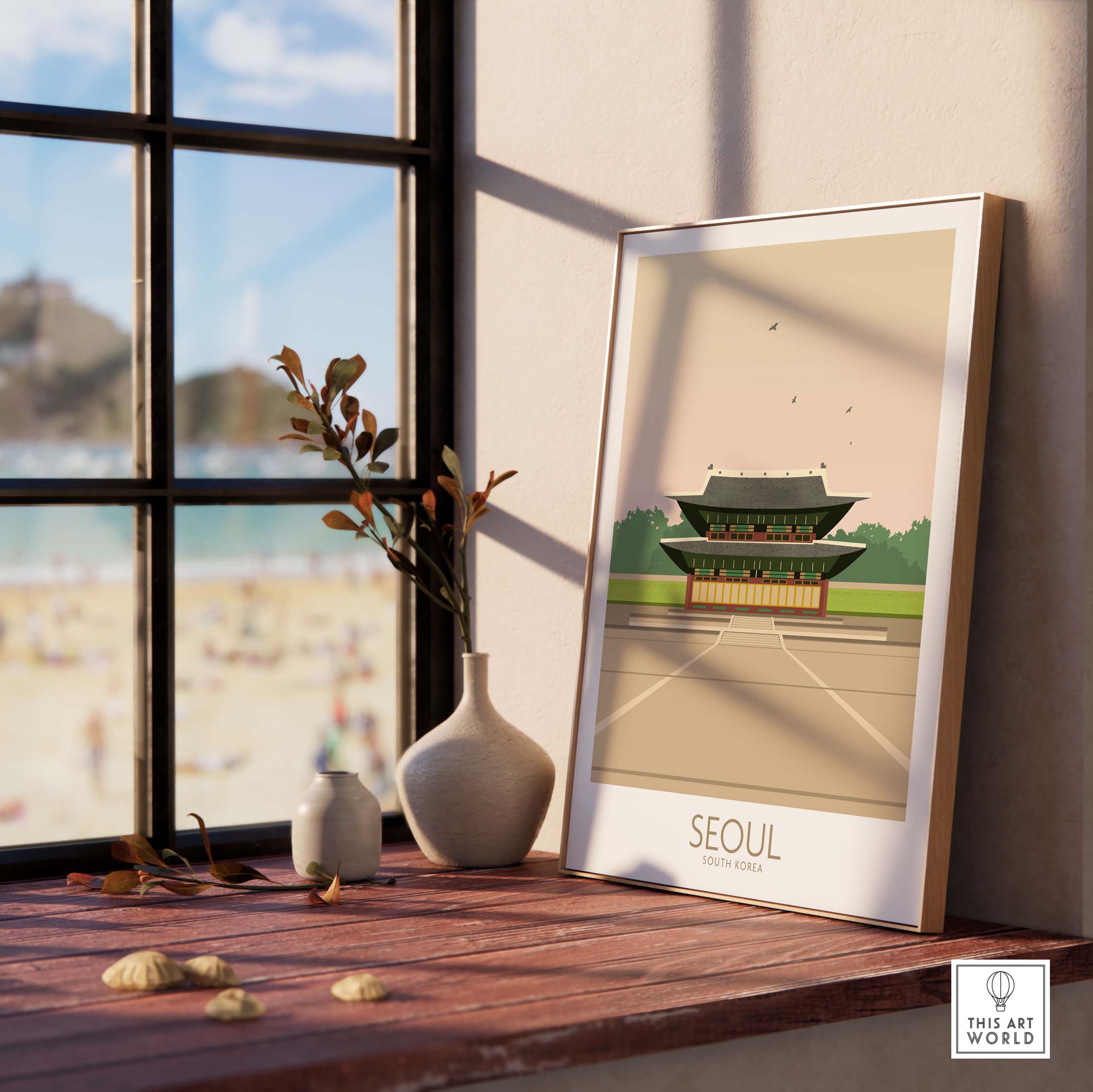 Seoul Print South Korea Travel Poster on a wooden table with flowers, framed and showcasing vintage design.