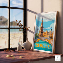 Vintage Seville Print Poster Wall Art displayed indoors near a window with beach view, adding style to home decor.