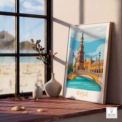 Seville Poster Travel Print displayed in a bright room, showcasing iconic landmarks and a relaxed vibe.