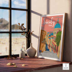 Sicily Print Italy Poster featuring vintage travel art in a sunny interior setting with beach view.