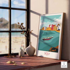 Sicily poster travel art print showcasing a coastal scene with colorful buildings and a boat, perfect for wanderlust decor.