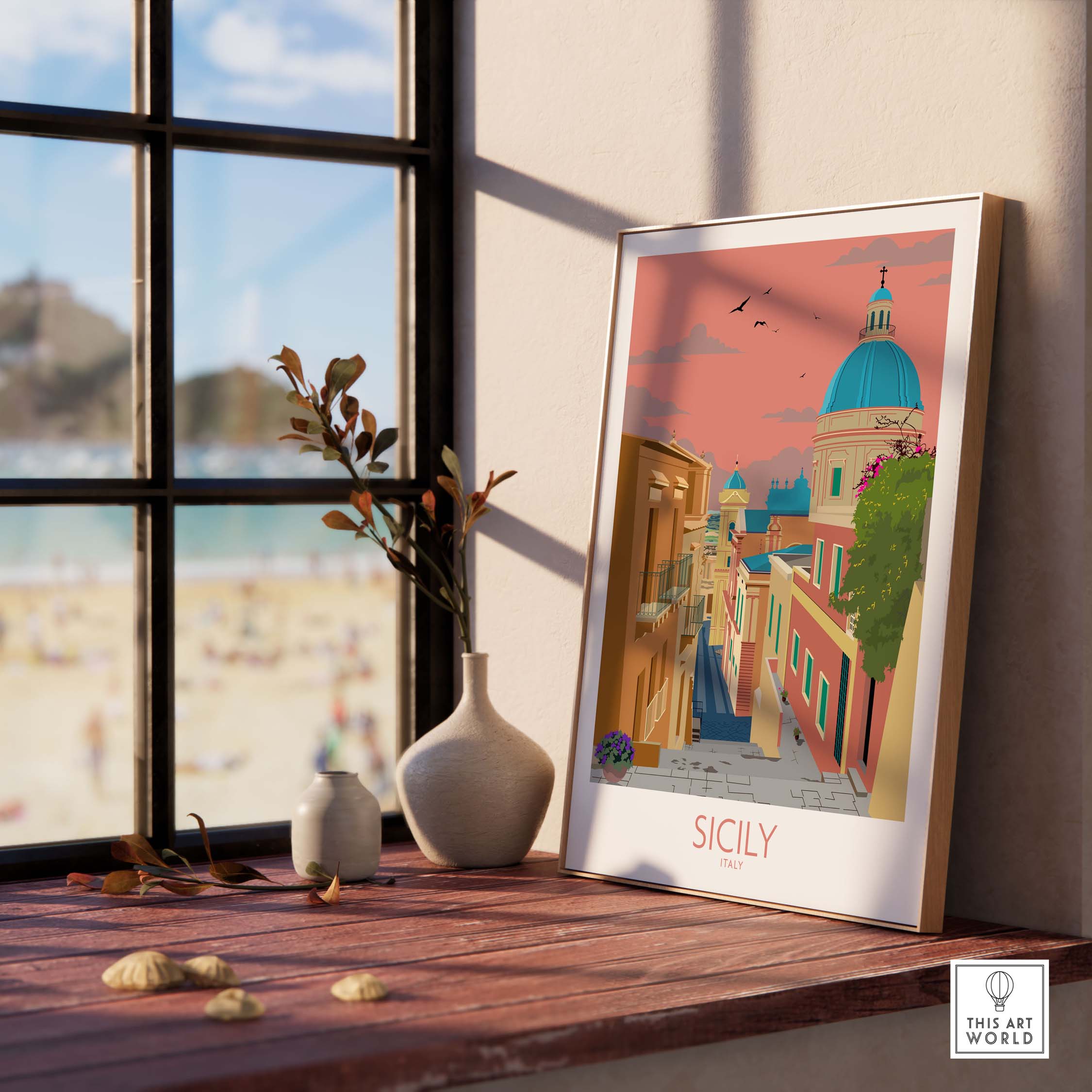 Sicily poster wall art print showcasing a colorful coastal scene, perfect for home or office decor.