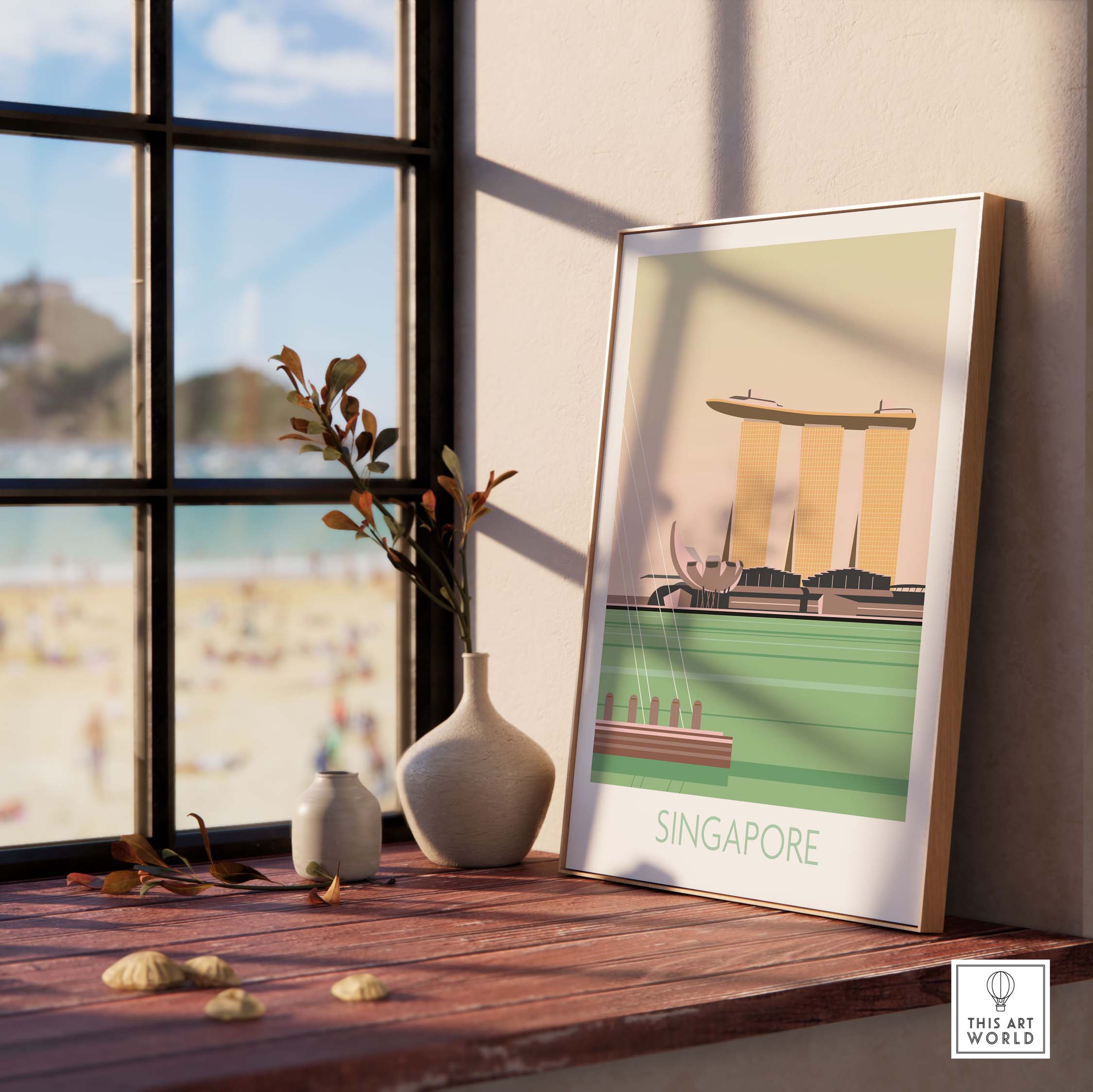 Stylish Singapore print travel poster displayed near a window with beach view, showcasing vintage-inspired art.