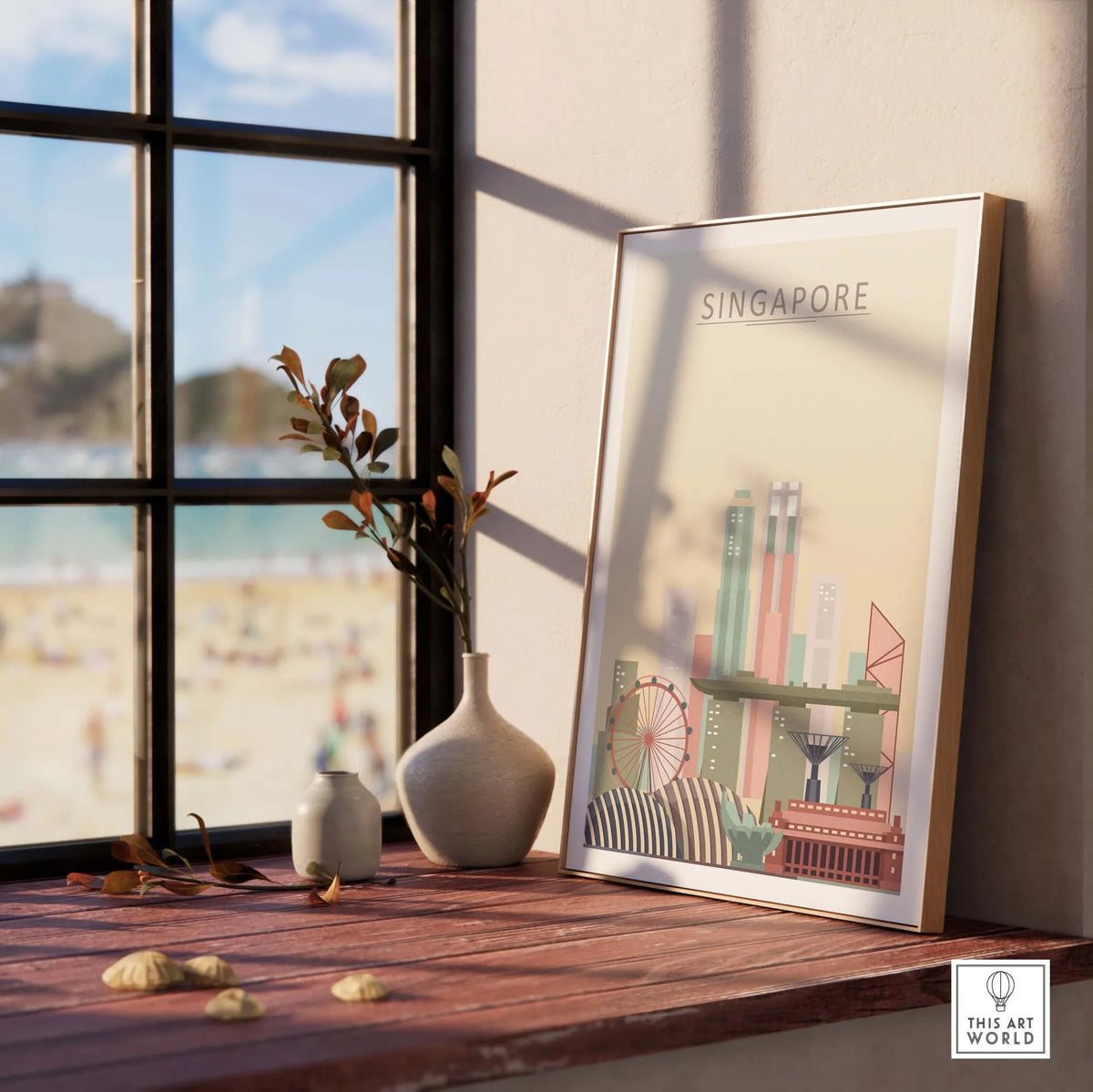 Singapore skyline wall art print displayed on a wooden table near a window with beach view.