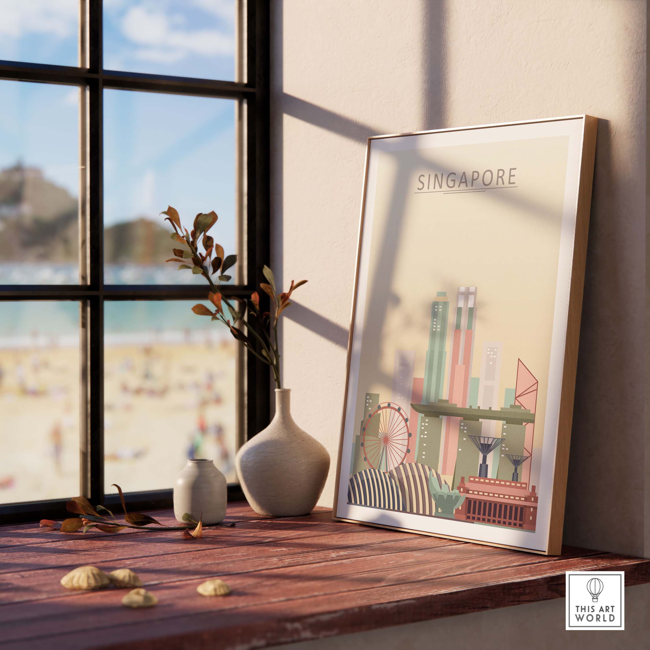 Singapore skyline wall art print displayed on a wooden table near a window with beach view.