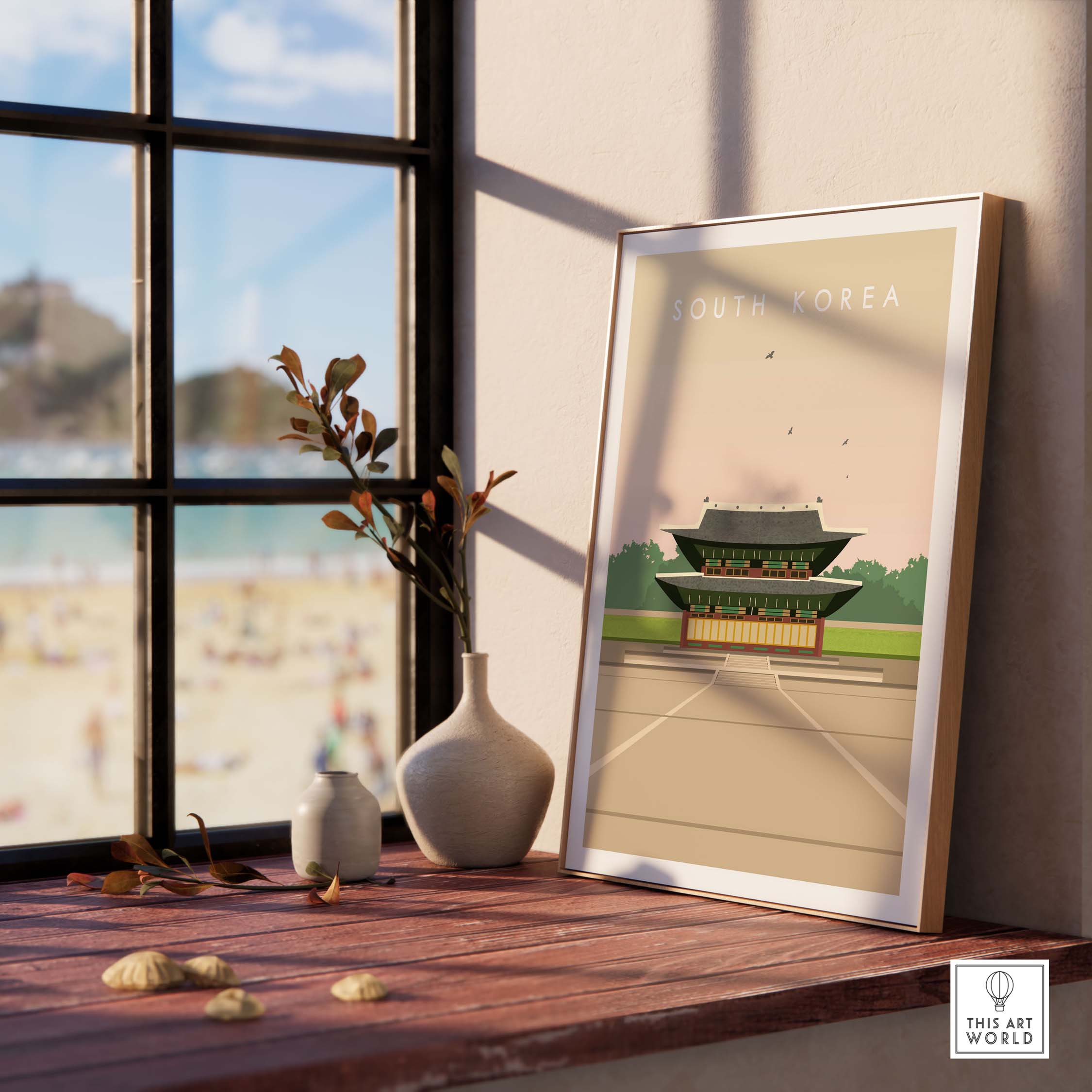 South Korea poster print displayed in a stylish interior with a window view, evoking wanderlust and vintage travel charm.