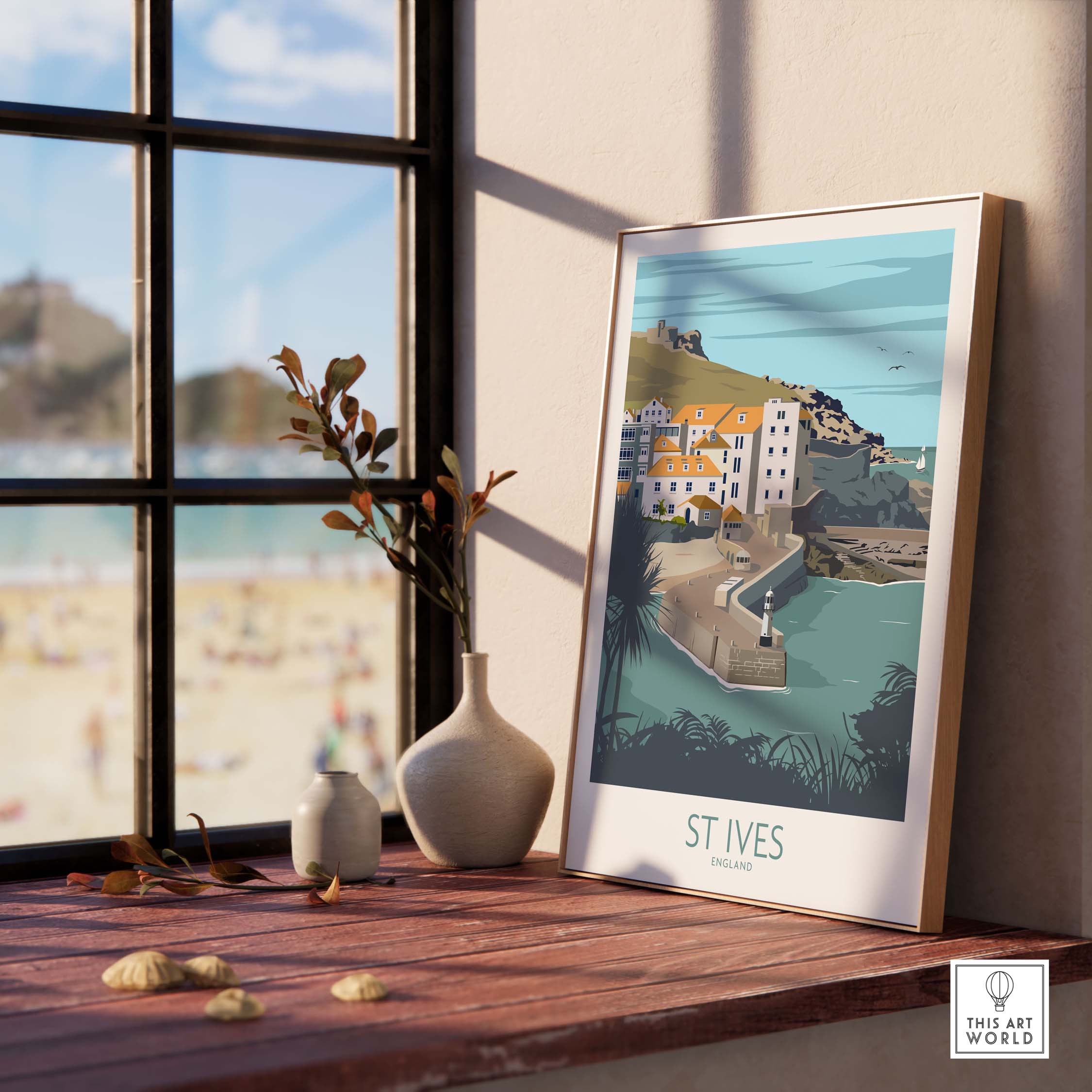 St Ives Cornwall poster print displayed on a windowsill, showcasing coastal scenery and vintage travel art.