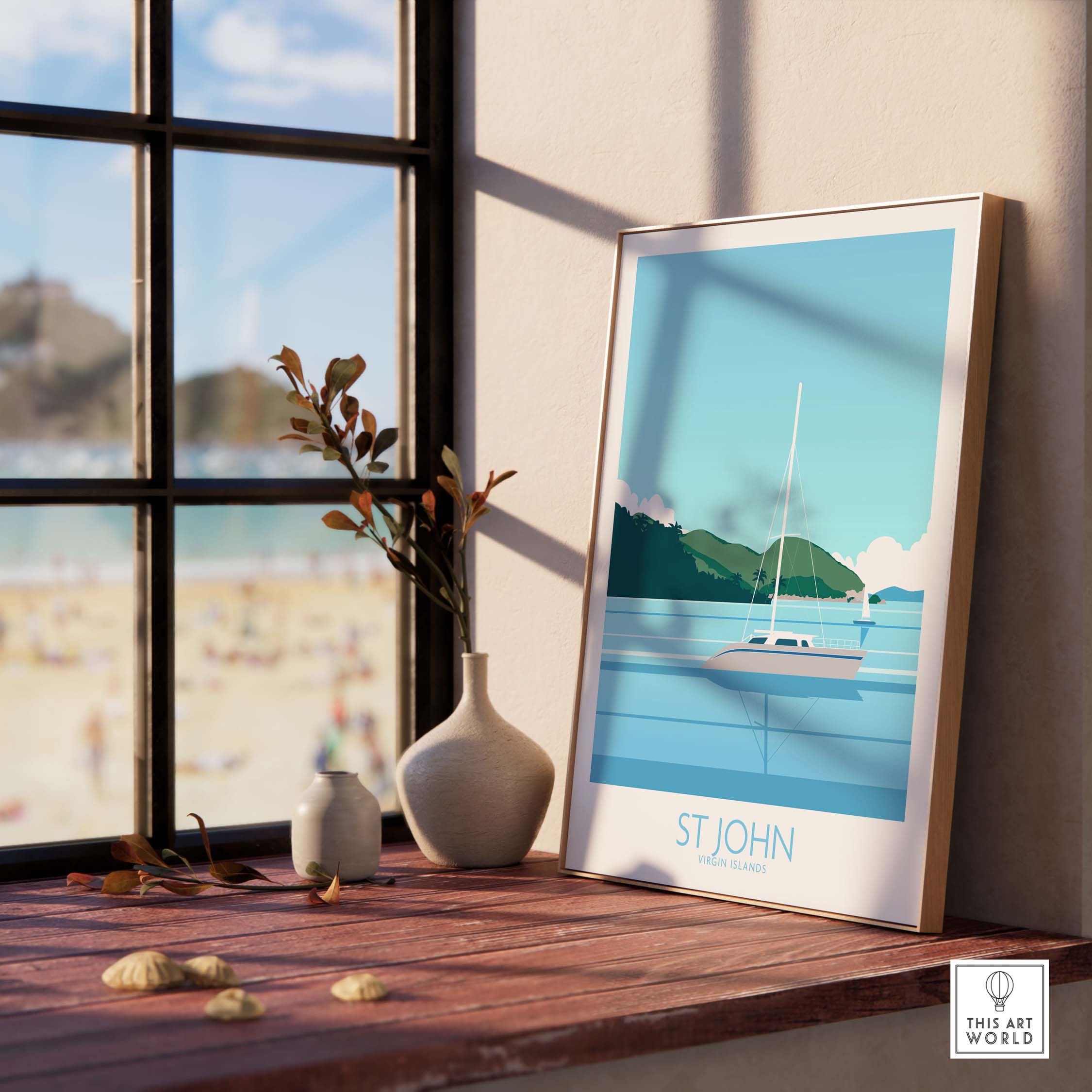 St John Virgin Islands travel poster on a wooden table by a window, featuring a serene beach and sailing boat.