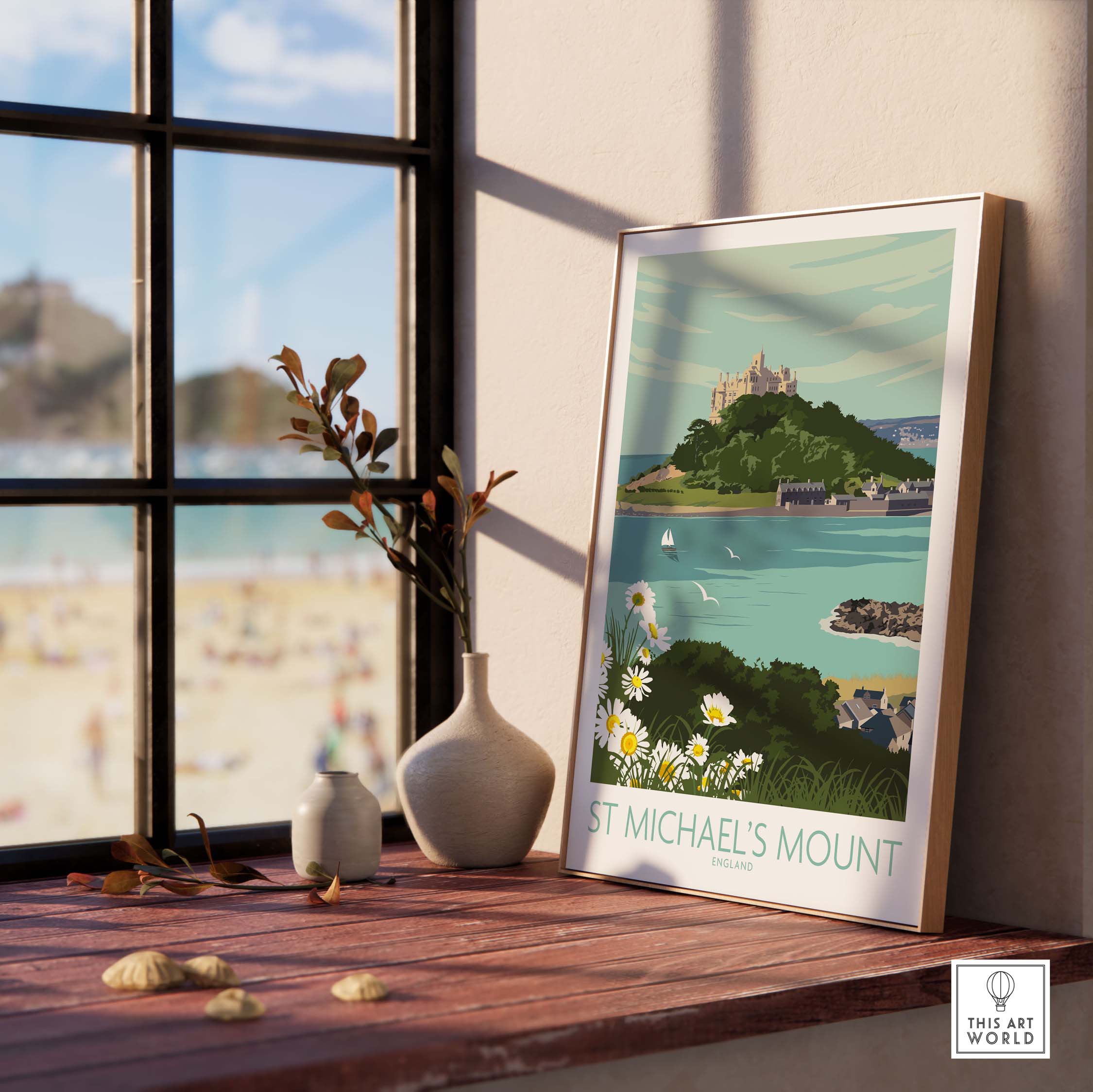 Framed Cornwall print of St Michael's Mount, showcasing vibrant colors and vintage travel art style.