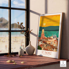 Framed St Tropez poster print showcasing vintage travel art by This Art World, perfect for home decor.