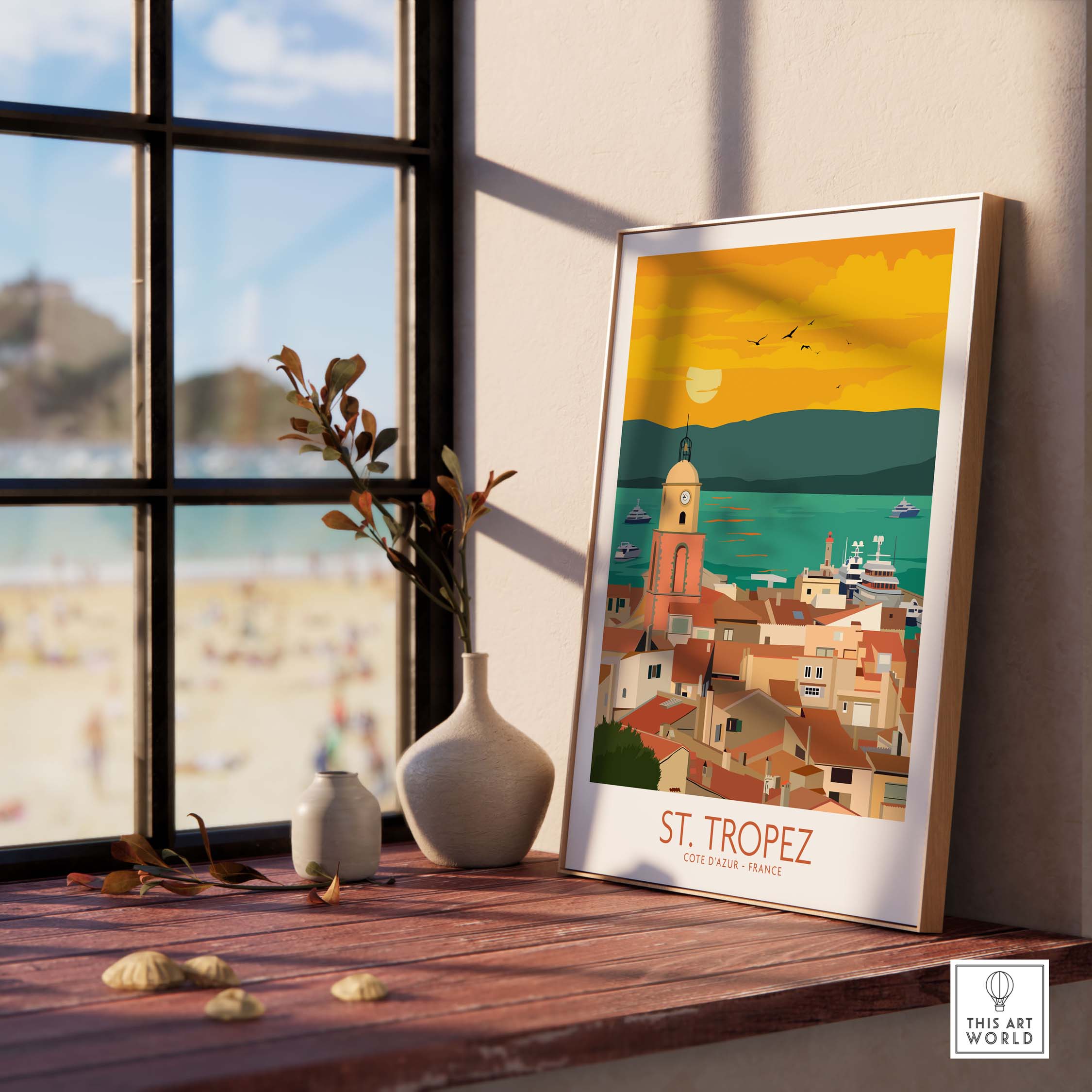Framed St Tropez poster print showcasing vintage travel art by This Art World, perfect for home decor.