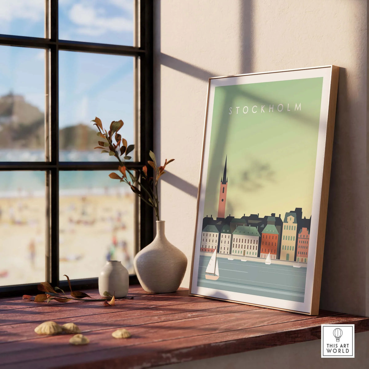 Stockholm print wall art poster framed by a window, showcasing vintage travel aesthetics and coastal scenery.