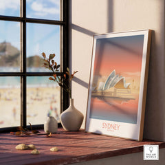 Vintage Sydney Australia wall art featuring the iconic Sydney Opera House, displayed in a bright room with beach view.