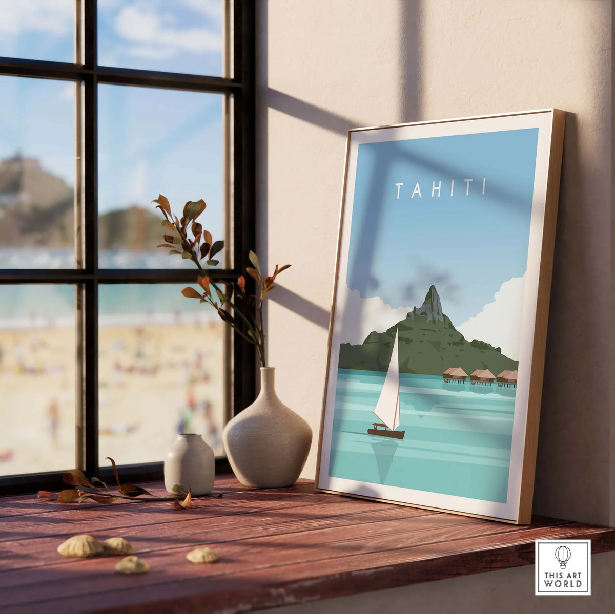 Tahiti Poster Travel Print displayed in a stylish interior with plants and beach view, perfect for home or office decor.