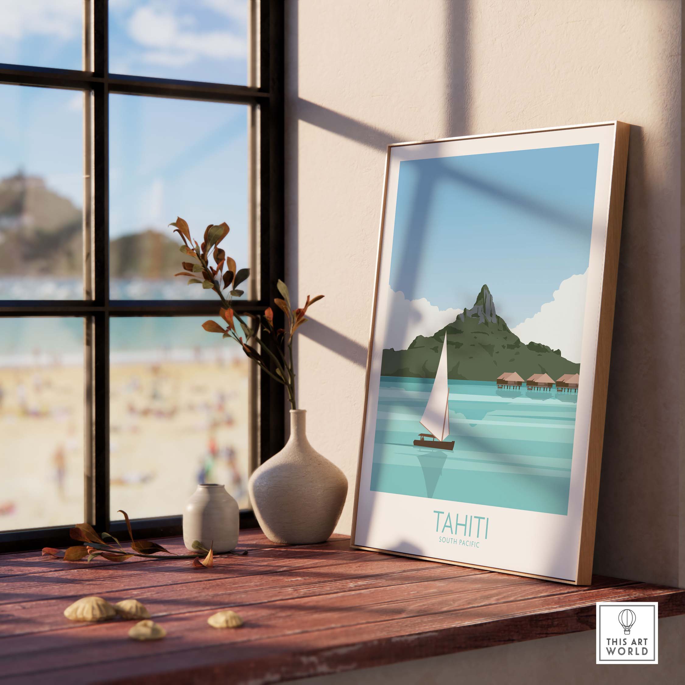 Tahiti Art Print Travel Poster featuring a sailboat and tropical scenery, perfect for home decor and wall art.