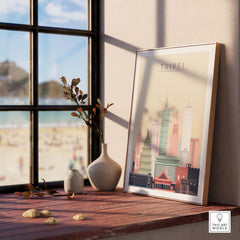 Taipei skyline wall art print in a sunlit room, showcasing iconic architecture in warm pastel tones.