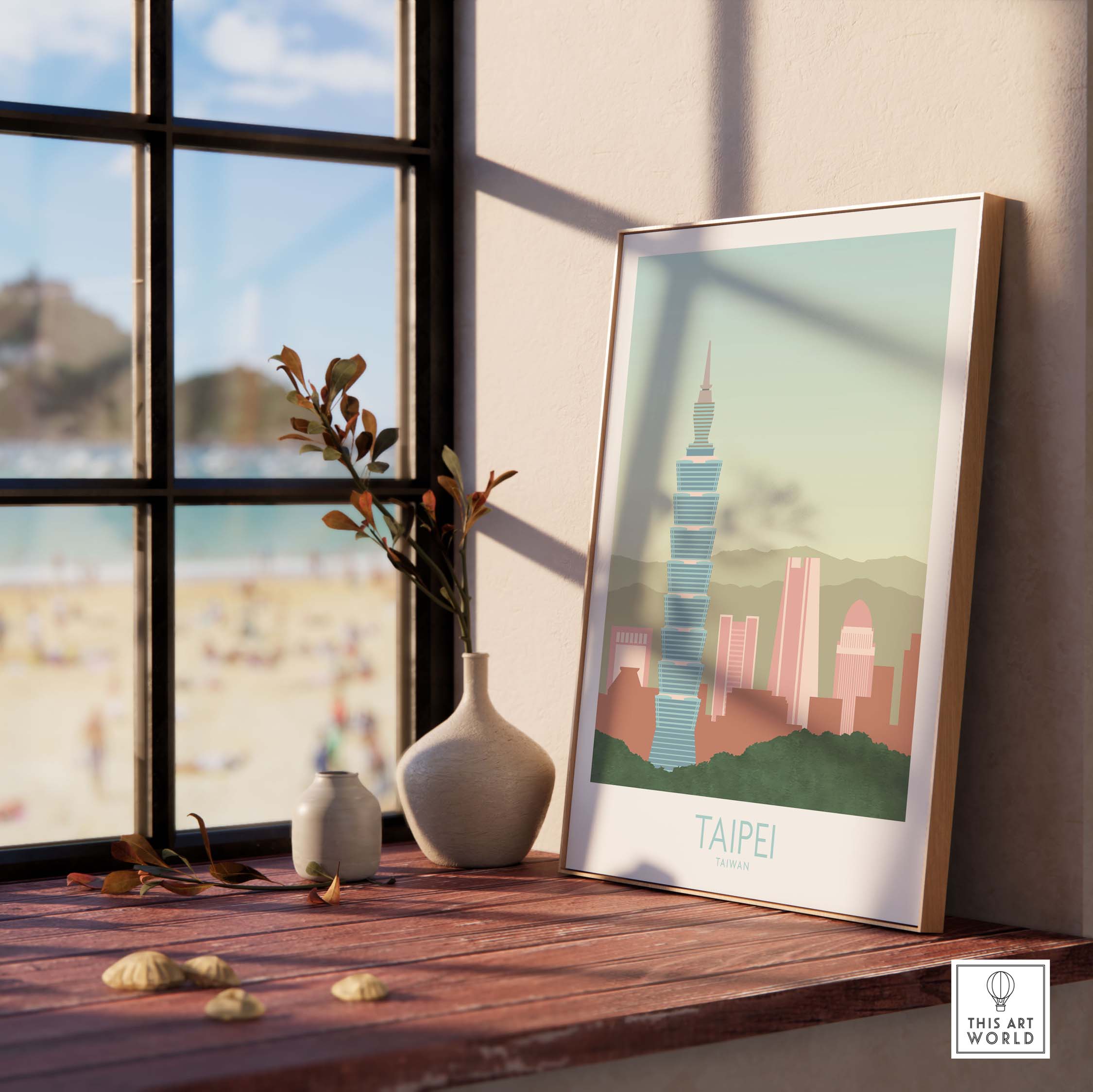 Taipei Print Taiwan Travel Poster displayed on a wooden table near a large window, showcasing the iconic Taipei 101 skyline.