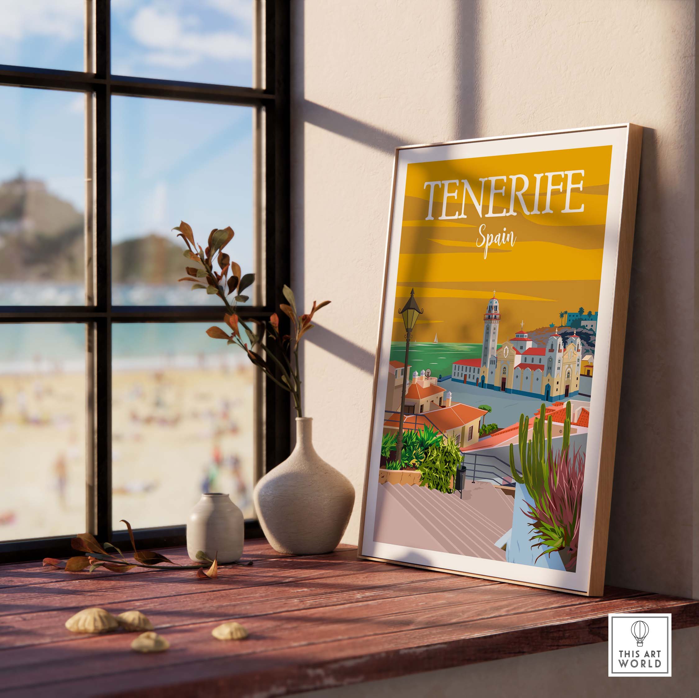 Tenerife poster print wall art displayed near a window, showcasing vintage travel style and coastal view.