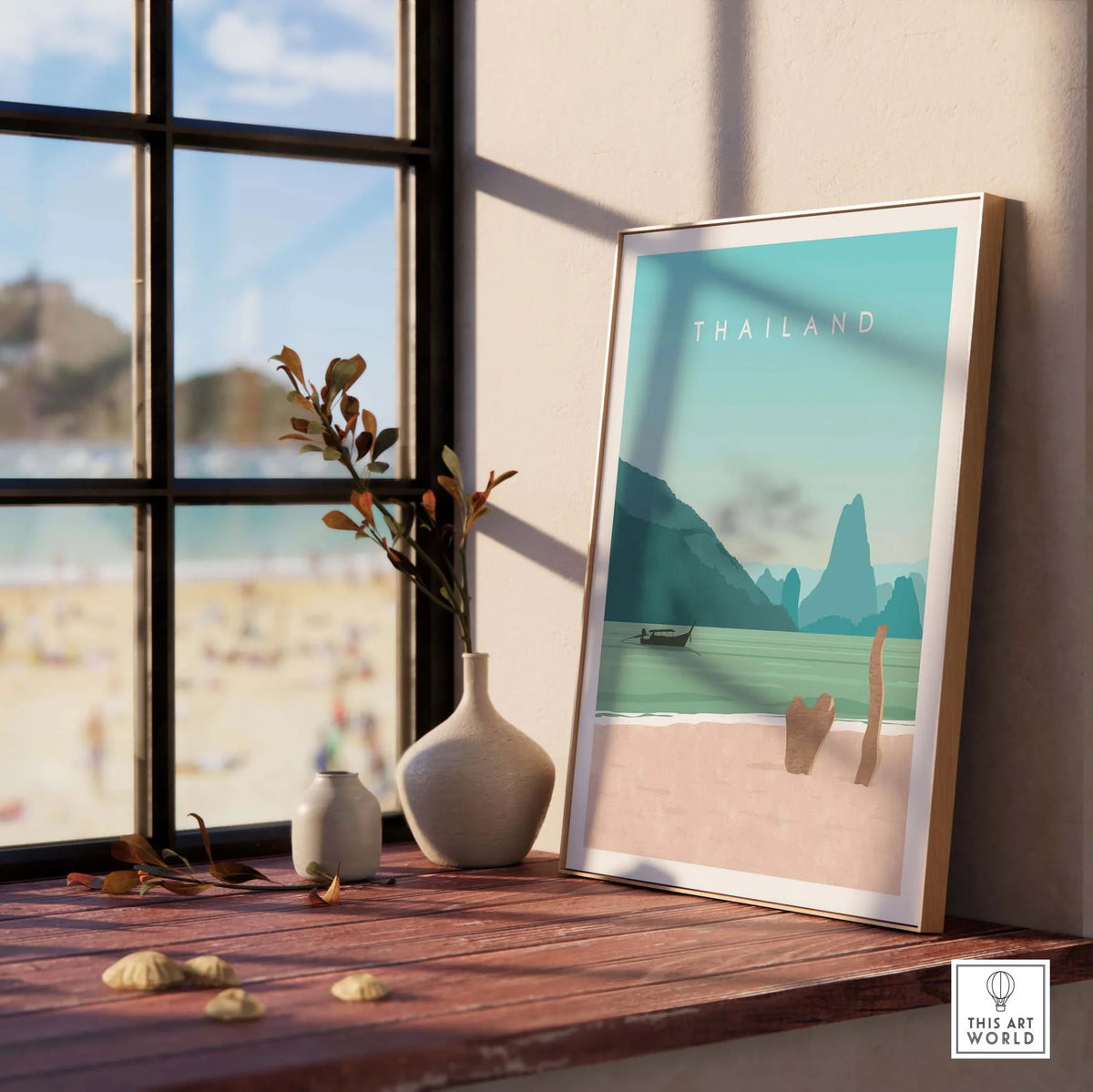 Thailand Print Wall Art Poster depicting a serene beach with mountains, perfect for wanderlust decor.
