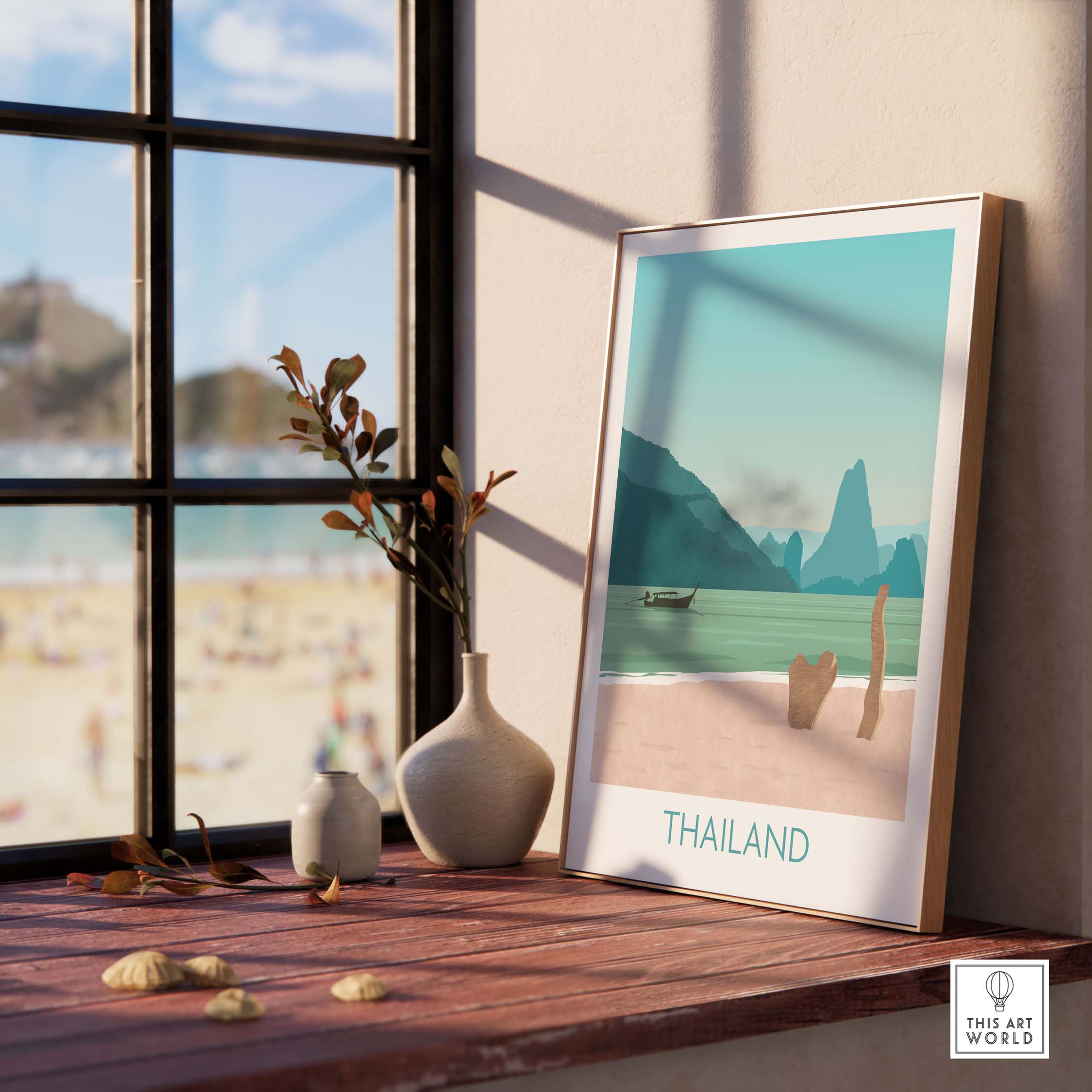 Thailand print travel poster featuring tropical beach scenery, ideal for home or office decor.