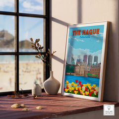 Vintage-style wall art of The Hague, Netherlands featuring tulips and cityscape in a minimalist design.