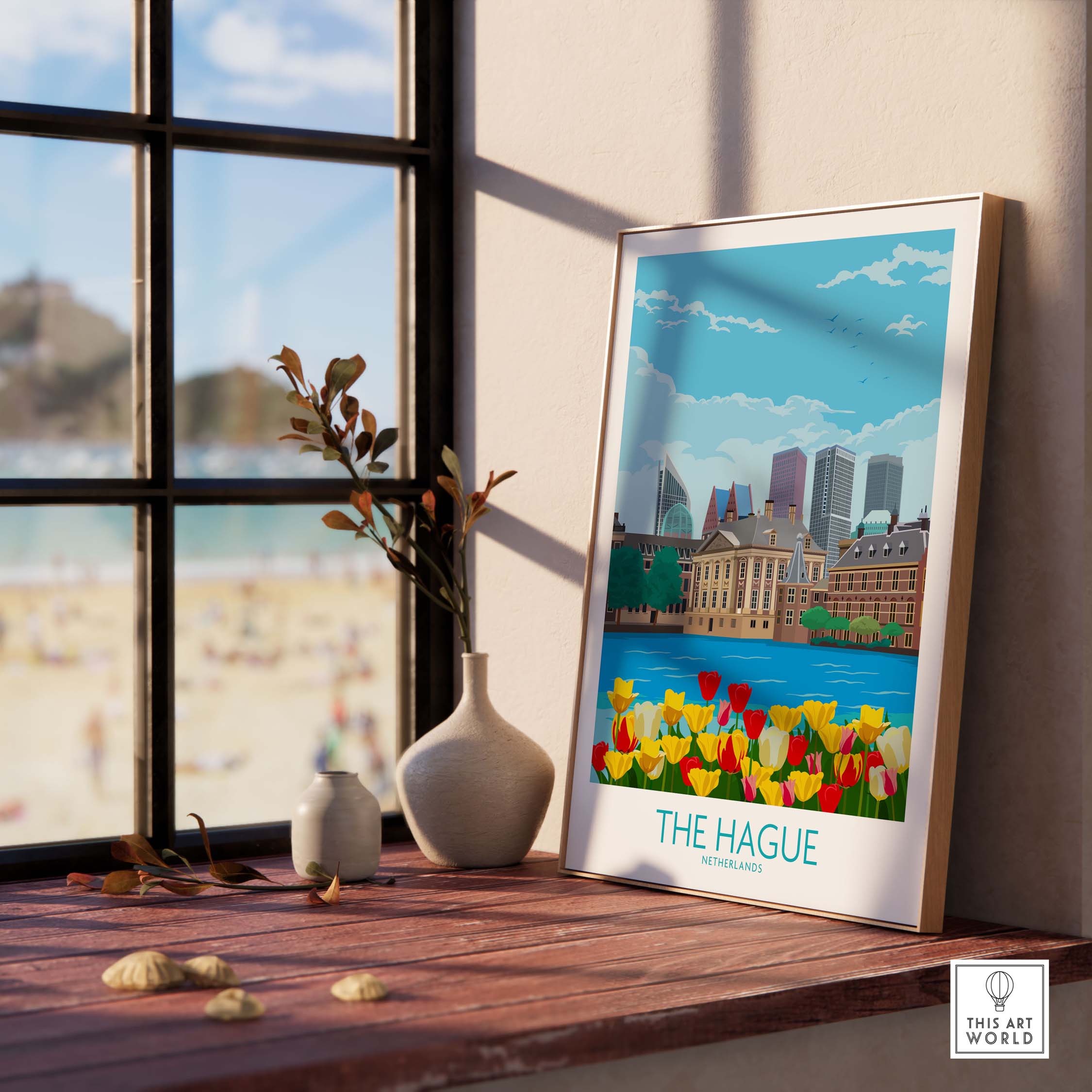 The Hague Netherlands poster featuring a minimalist design with tulips and a cityscape, displayed indoors.