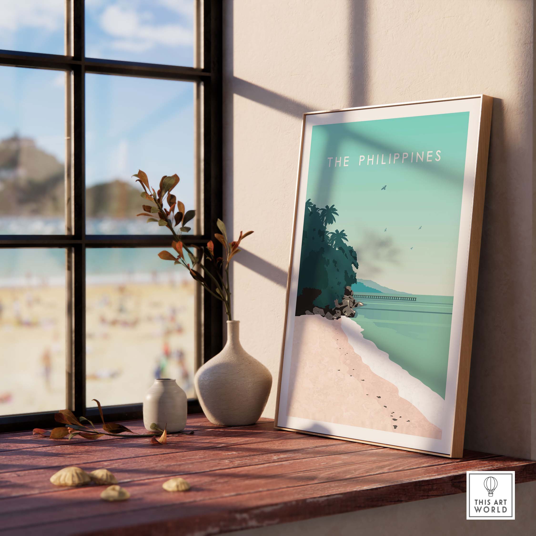 Philippines Poster Print Wall Art displayed by a window, featuring a tropical beach scene and palm trees.