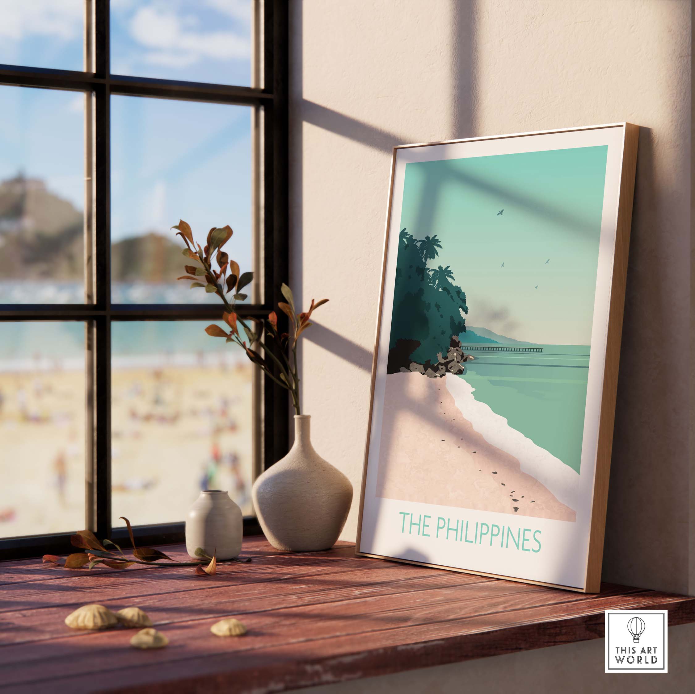 Stylish Philippines Print Travel Poster displaying tropical beach scene, perfect for home or office decor.