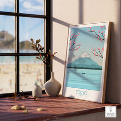 Tokyo Poster Japan featuring Mount Fuji with cherry blossoms, perfect for stylish home or office decor.