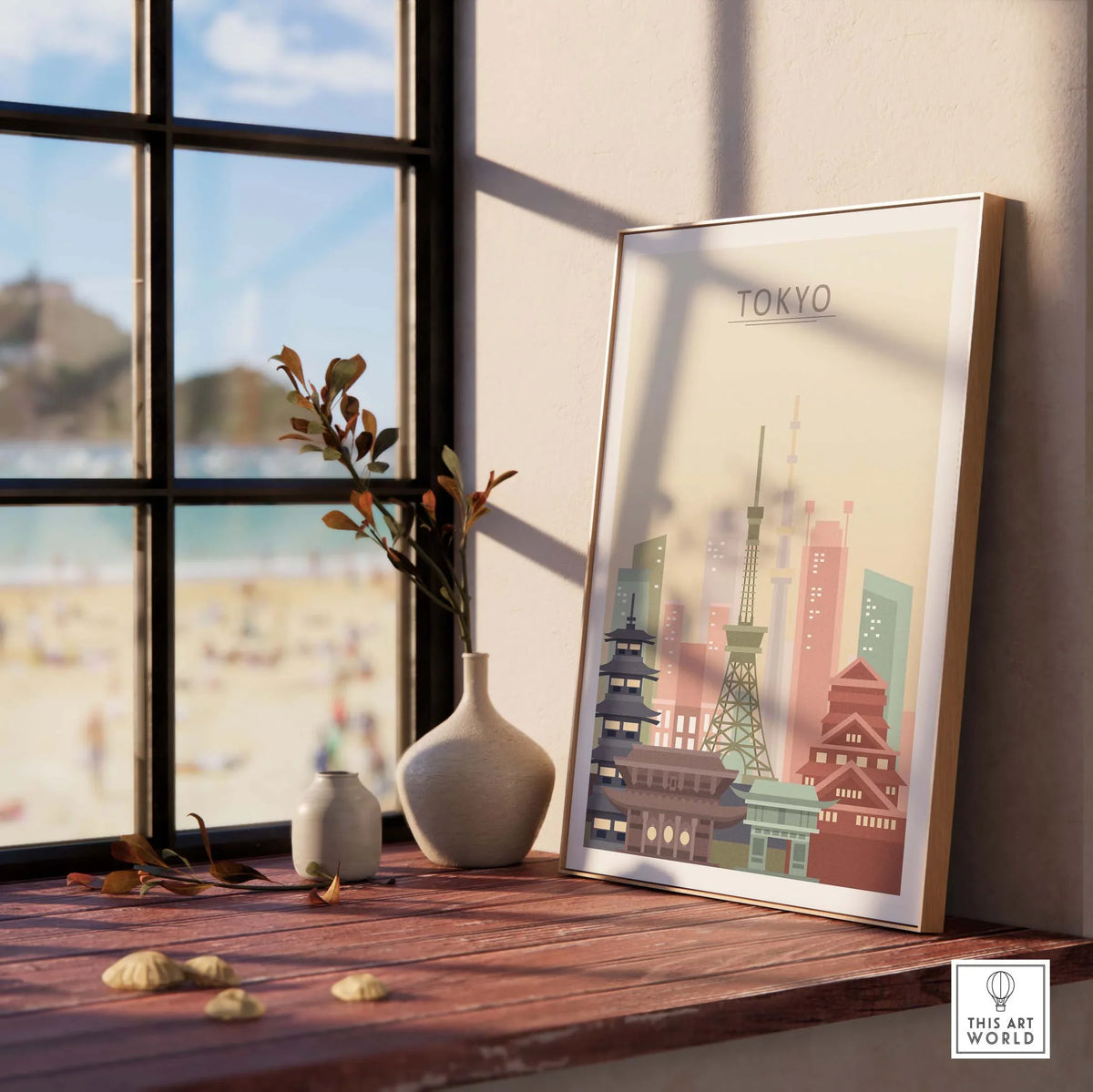 Tokyo Skyline Poster displayed in a stylish setting, showcasing architectural beauty in soft pastel tones.