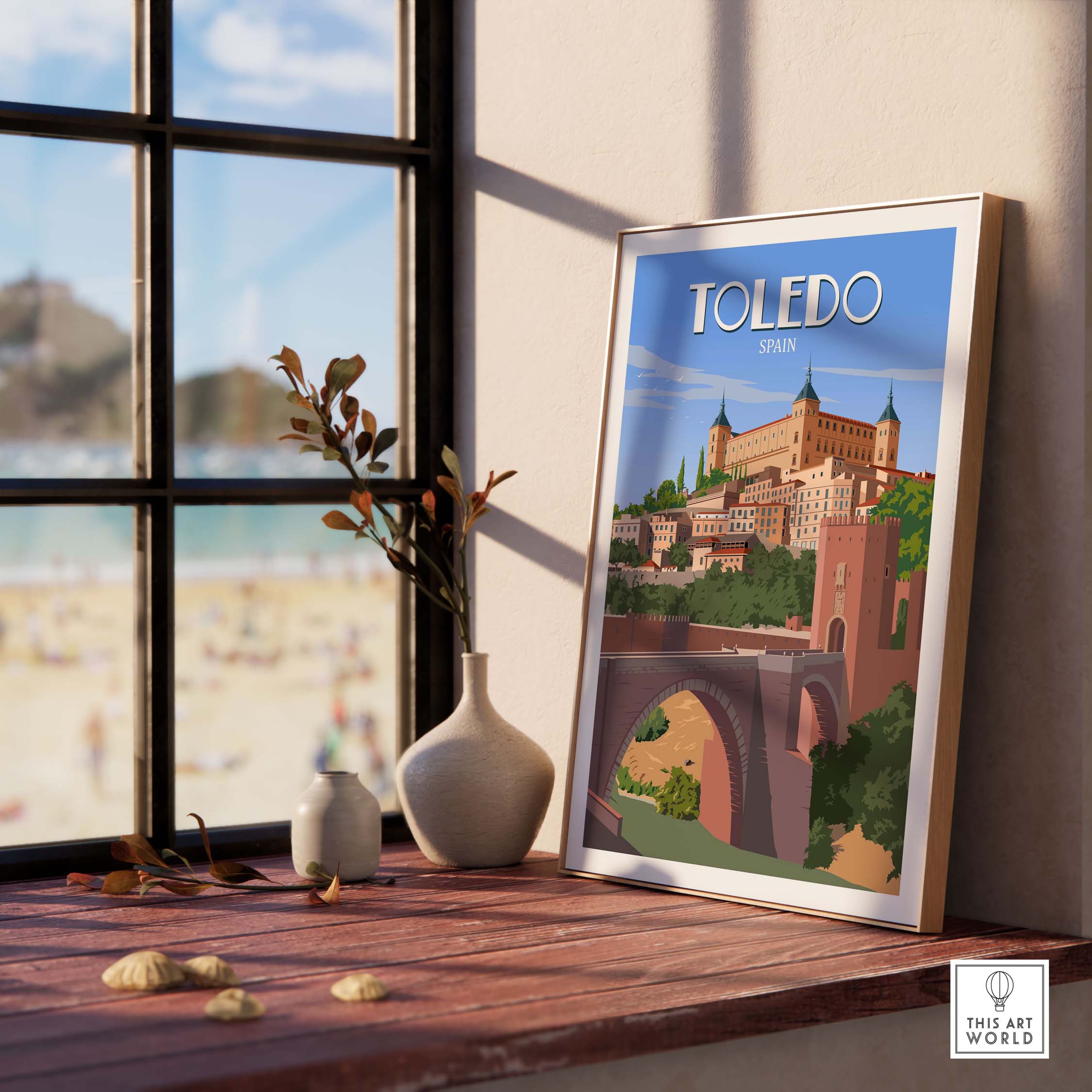 Toledo Spain poster displayed on a wooden table with a vase, capturing wanderlust with vintage-inspired art.