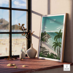 Tulum Wall Art Mexico featuring a minimalist design with lush greenery and beach view, styled with a modern frame.