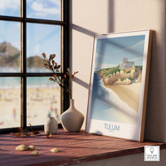 Tulum Mexico wall art print displayed in a sunny room with beach view, framed and stylish for home decor.