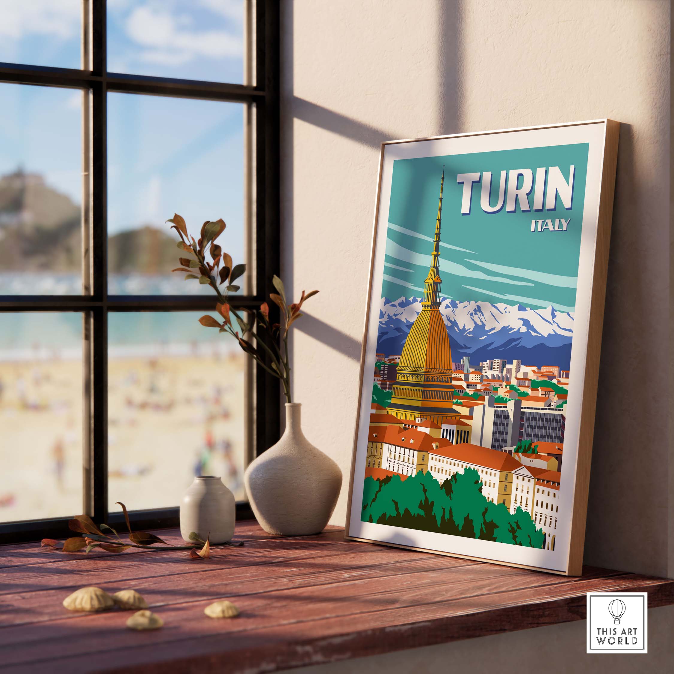 Turin Italy Travel Poster Print showcasing a minimalist design, framed art on a desk by a window with a beach view.
