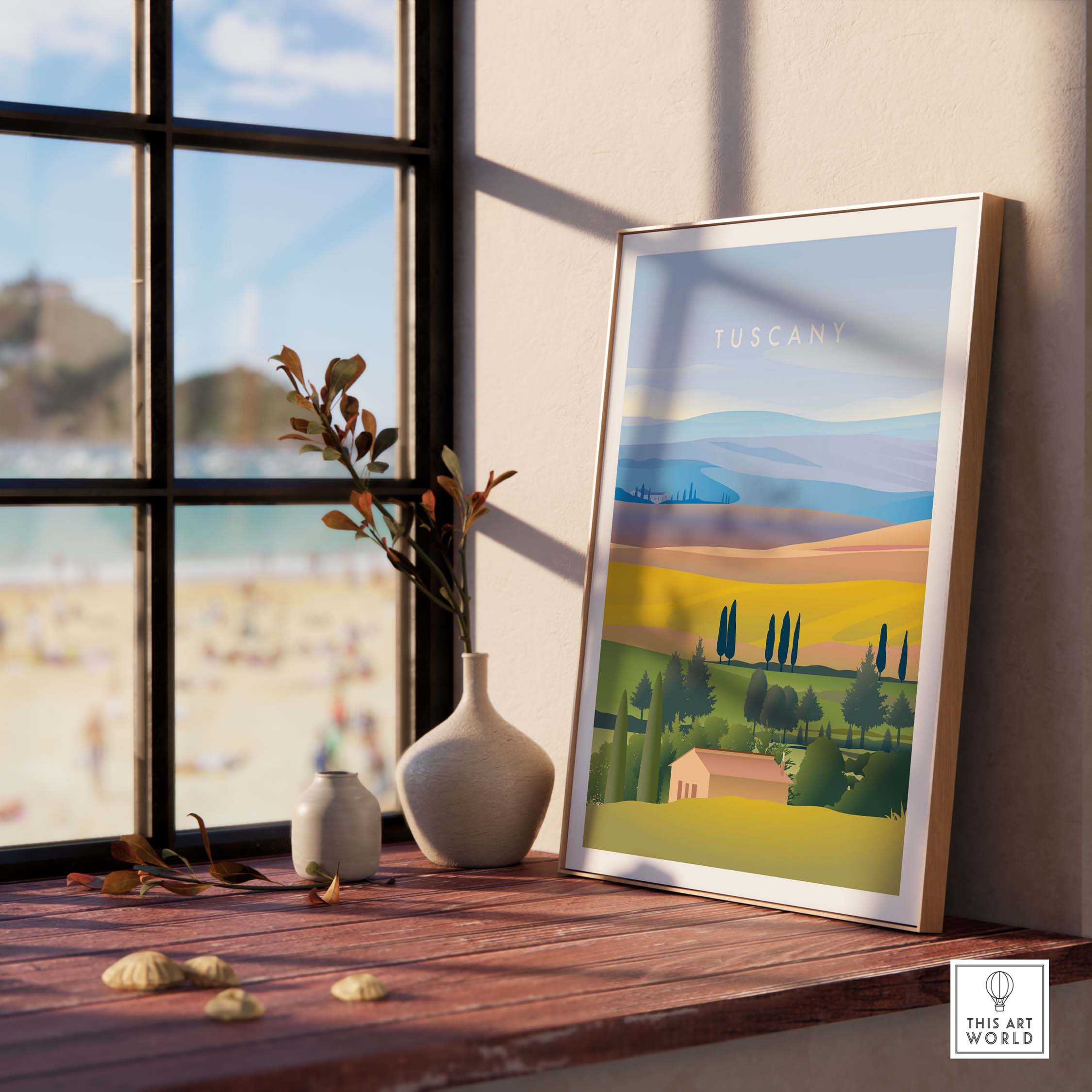 Tuscany Italy wall art poster displayed in a bright room by a window, showcasing vibrant landscapes and a tranquil vibe.