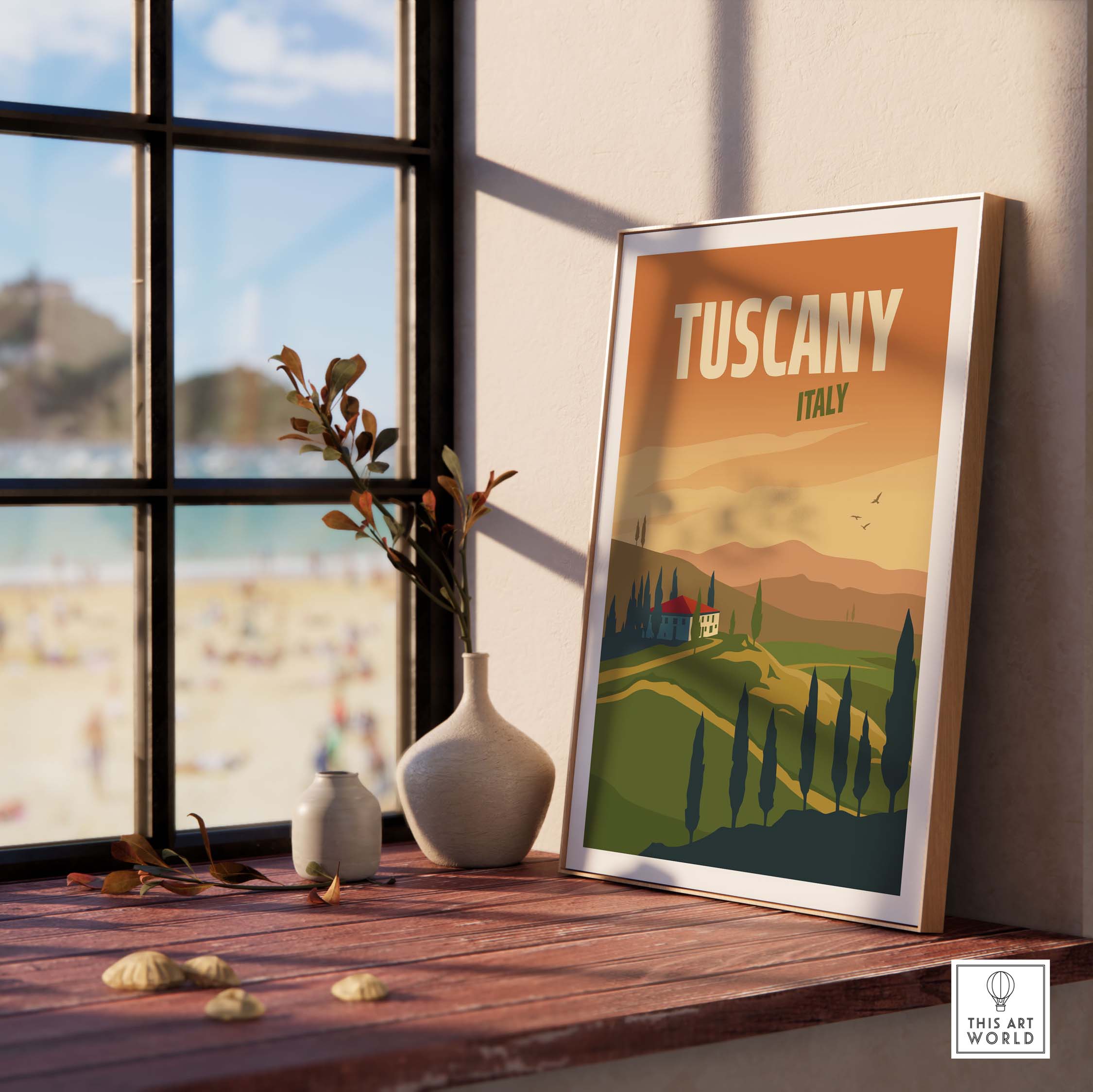 Tuscany poster wall art print displayed in a sunlit room with beach view, featuring vintage style and vibrant colors.