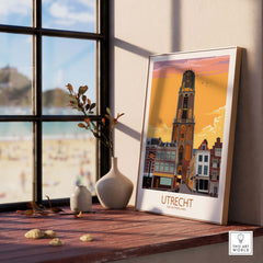 Utrecht Print Poster displayed on a table with a vase and sunlit window, evoking travel nostalgia.