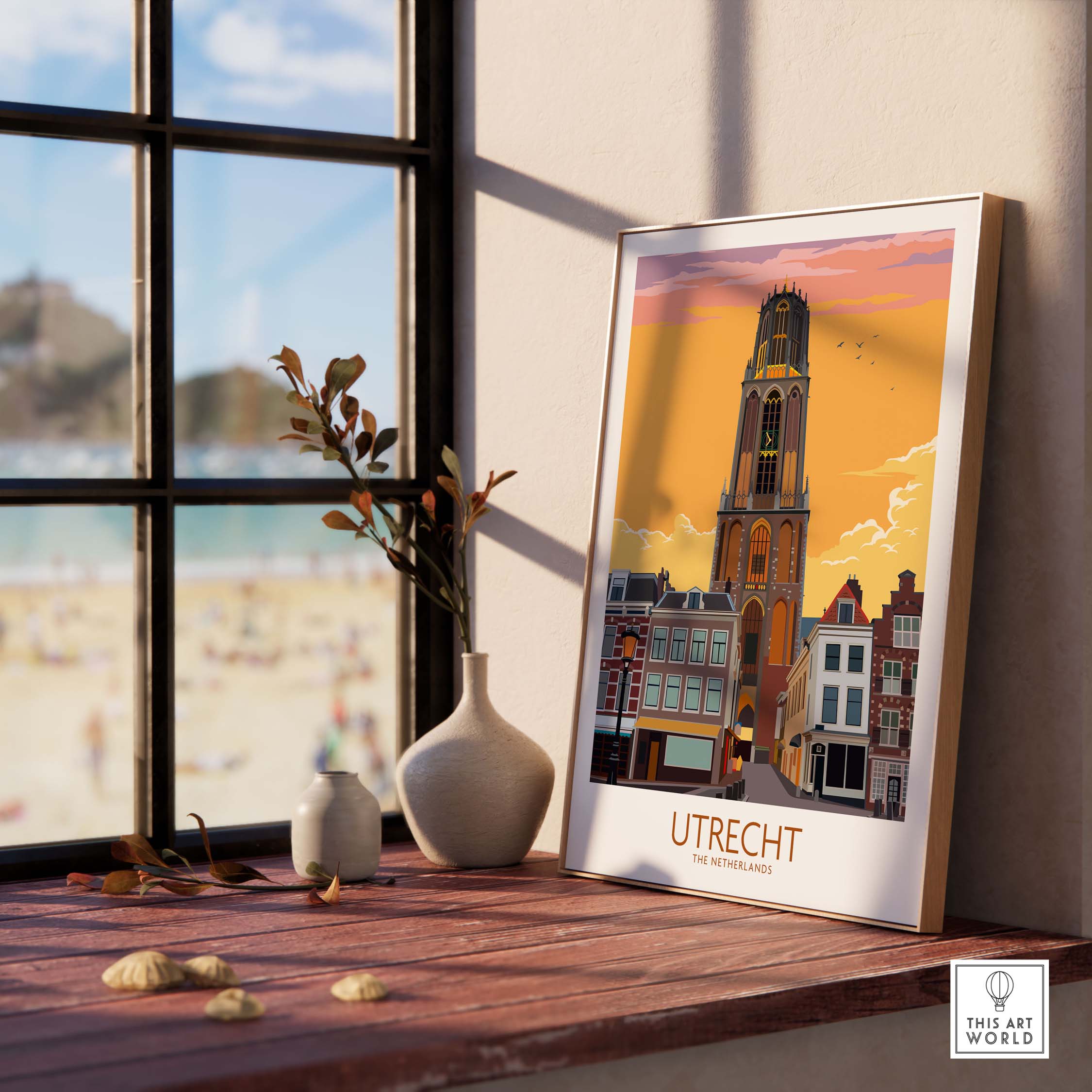 Utrecht Print Poster displayed on a table with a vase and sunlit window, evoking travel nostalgia.