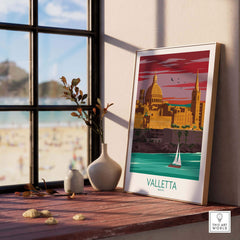 Framed Valletta Print Malta Poster showcasing cityscape and sailboat, perfect for home or office decor.