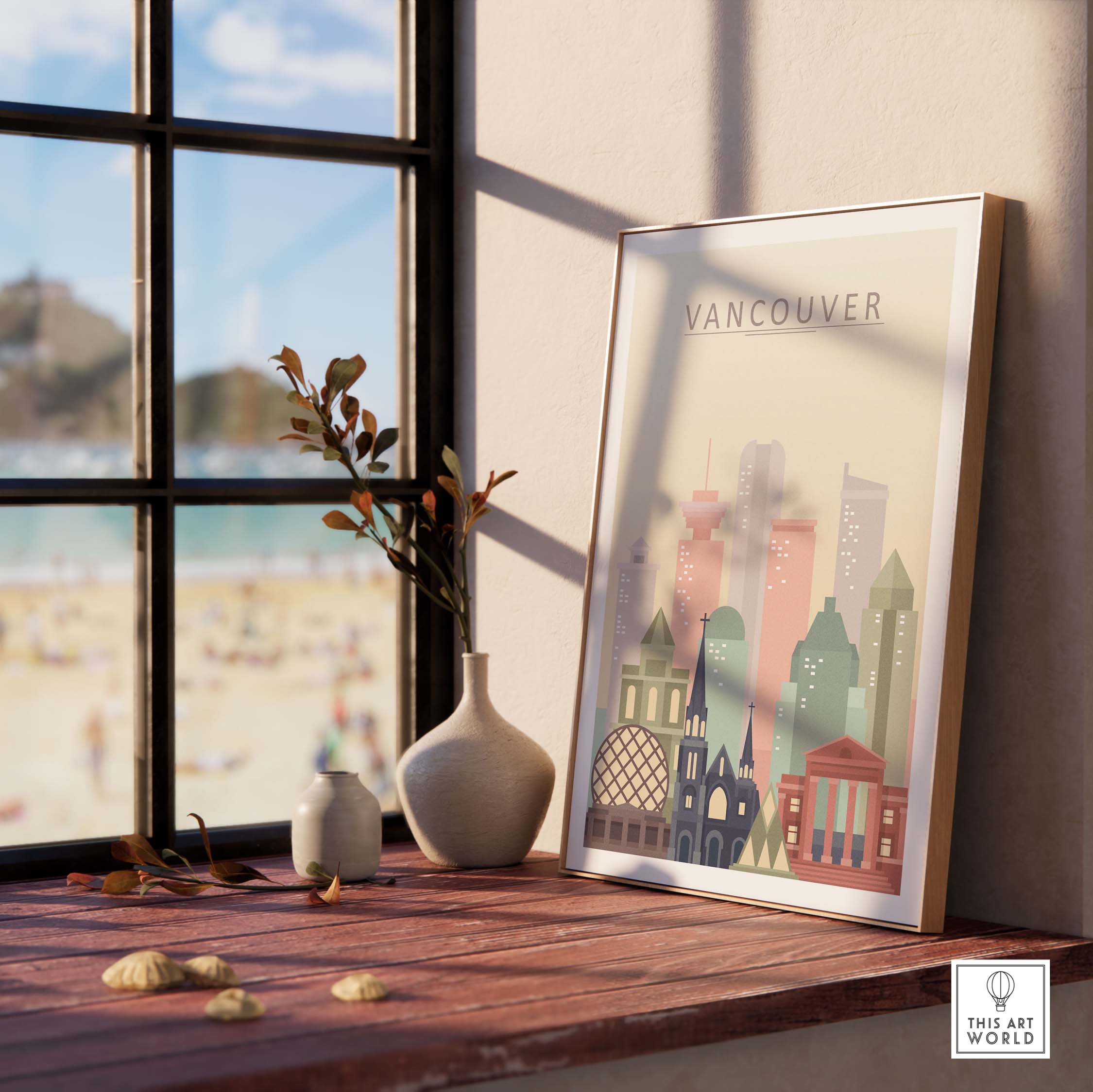 Vancouver City Print wall art showcasing iconic architecture in warm pastel tones, framed on a beach view table.