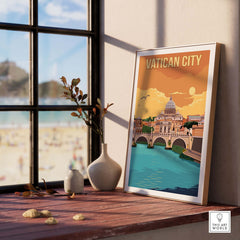 Vatican City Print featuring a vintage travel poster style in a sunlit room with decorative elements.