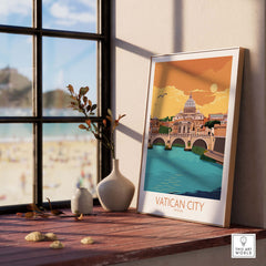 Vatican City vintage travel poster in modern minimalist design, displayed on a wooden table with decorative items.