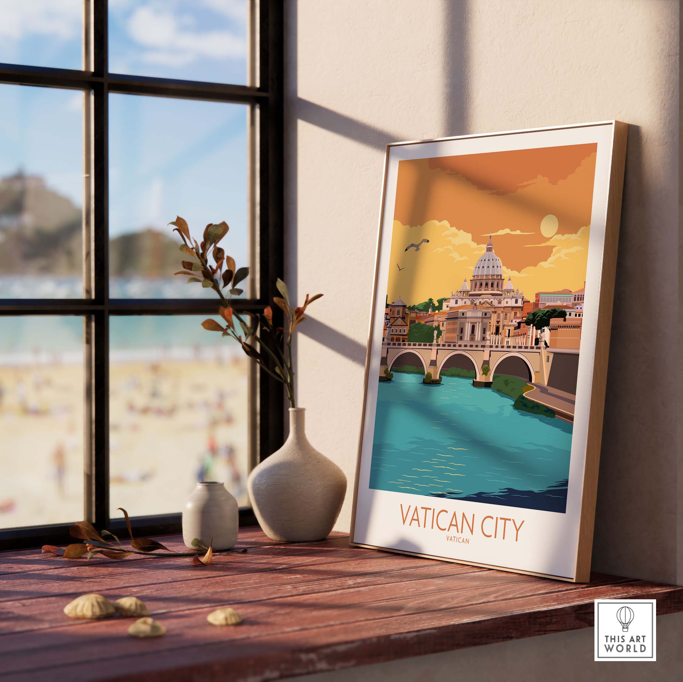 Vatican City vintage travel poster in modern minimalist design, displayed on a wooden table with decorative items.