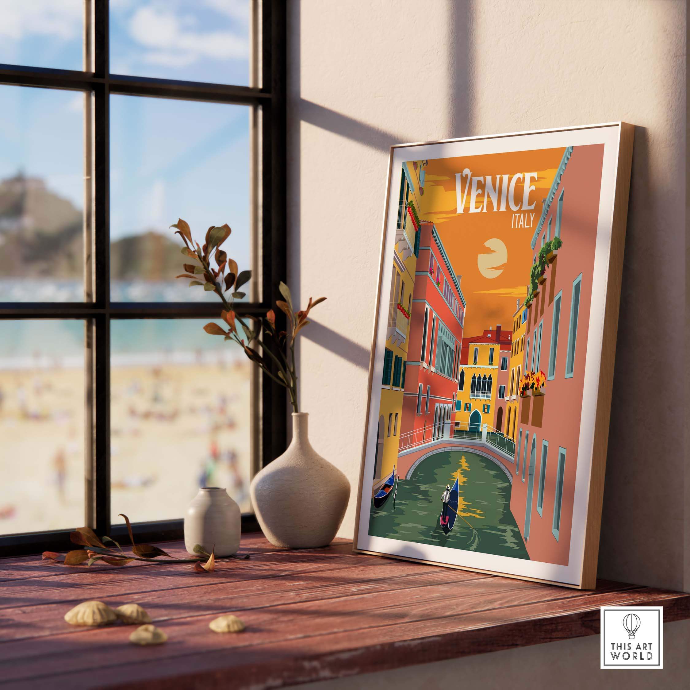 Venice Italy poster print wall art displayed in a stylish interior with a view of the beach and decorative elements.
