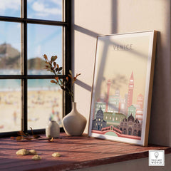 Venice wall art print showcasing a colorful skyline, framed and displayed in a bright indoor setting.