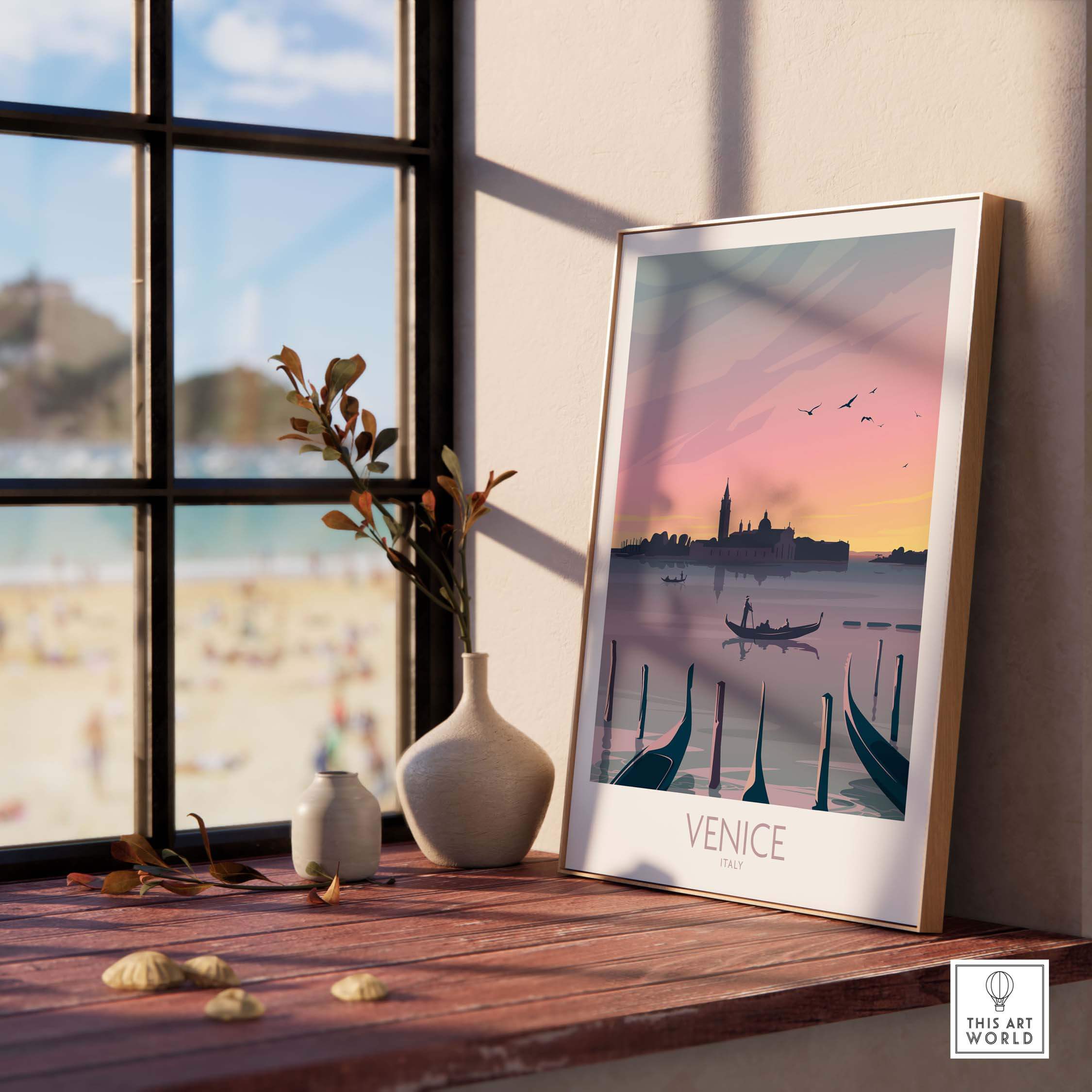Venice print travel poster framed on a wooden table, capturing a romantic sunset view of Venice with gondolas.