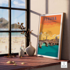 Framed Verona Italy travel print showcasing the scenic cityscape and beach views, styled home decor artwork.