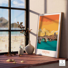 Verona Poster Italy displayed on a table with window view, showcasing vintage travel art and stylish decor.